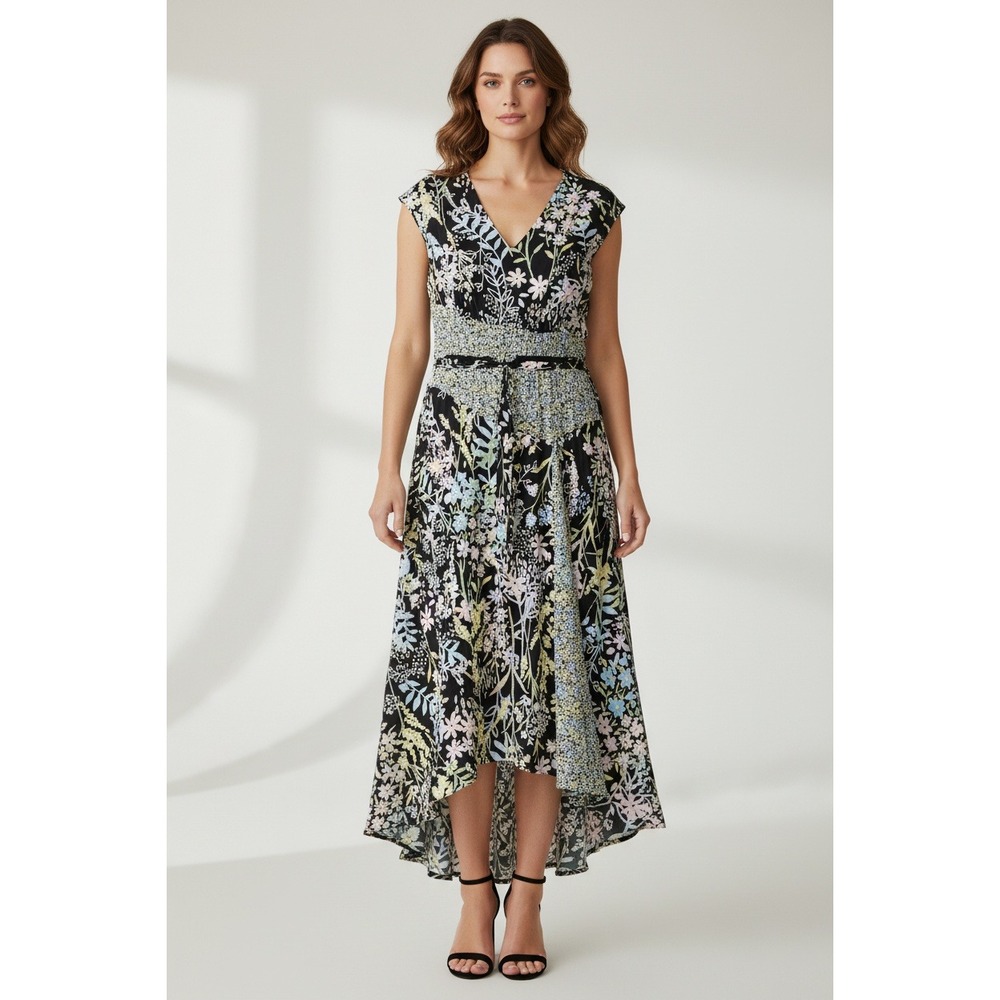 Calvin Klein Womens Floral High Low Handkerchief Hem Midi‎ Dress Black Multi 8